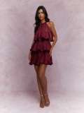 Women Summer Halter Neck Sleeveless Tulle Ruffle Elegant Dress