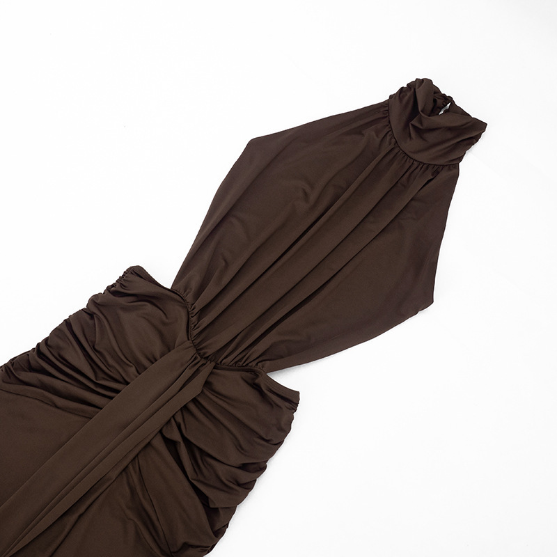 High-Neck Sleeveless Backless Pleated Dress for Summer Outings