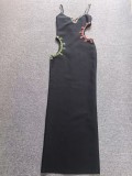 Women black camisole with asymmetrical red and green gemstone slit backless bandage Maxi Dress