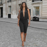 Women Spring Sexy Studded Halter Neck Backless 3/4 Jumpsuit
