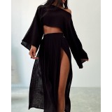 Women Casual Holidays Crop Top Slit Skirt Two-Piece Set