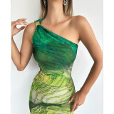 Women Summer Elegant Slash Shoulder Printed Dress