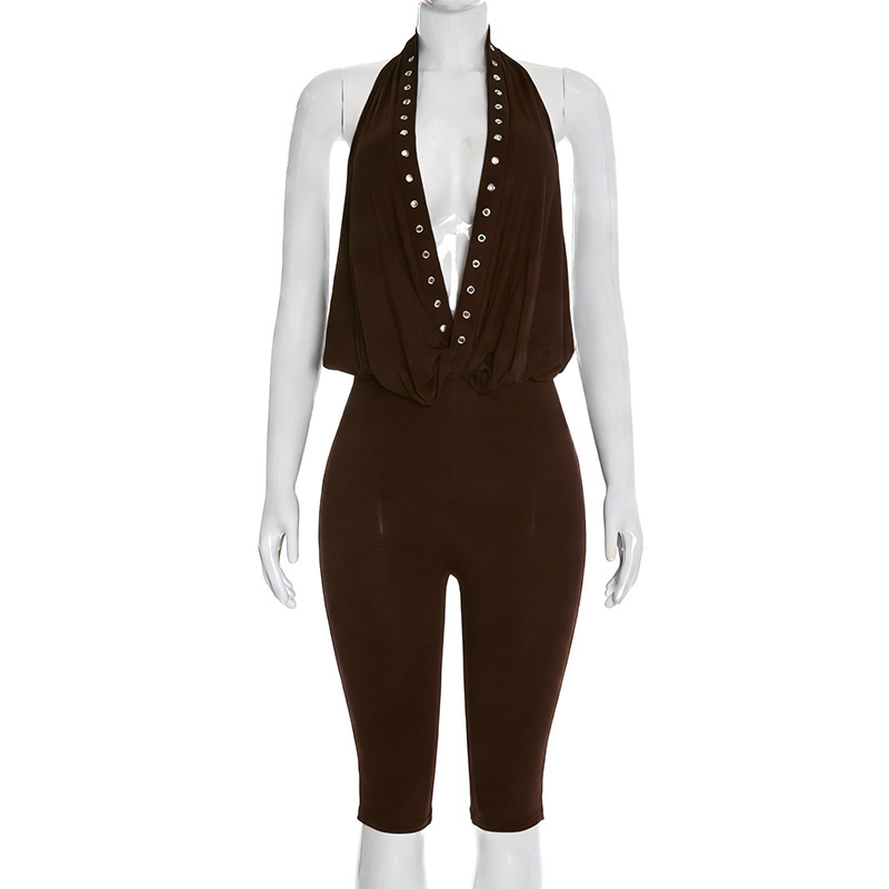 Studded Halter Backless Jumpsuit for Spring Club Wear
