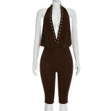 Women Spring Sexy Studded Halter Neck Backless 3/4 Jumpsuit