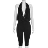 Women Spring Sexy Studded Halter Neck Backless 3/4 Jumpsuit