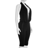 Women Spring Sexy Studded Halter Neck Backless 3/4 Jumpsuit
