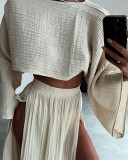 Women Casual Holidays Crop Top Slit Skirt Two-Piece Set