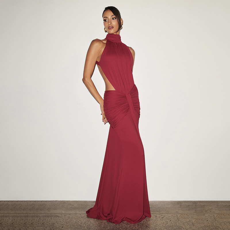 High-Neck Sleeveless Backless Pleated Dress for Summer Outings