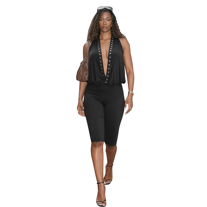 Studded Halter Backless Jumpsuit for Spring Club Wear