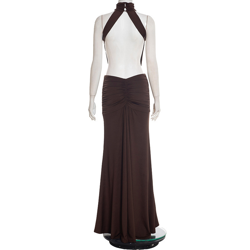 High-Neck Sleeveless Backless Pleated Dress for Summer Outings