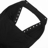 Women Spring Sexy Studded Halter Neck Backless 3/4 Jumpsuit