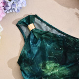 Women Summer Elegant Slash Shoulder Printed Dress