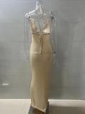 Women sexy hollow-out Lace-Up Halter Neck Patchwork Maxi Dress