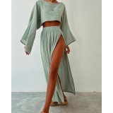 Women Casual Holidays Crop Top Slit Skirt Two-Piece Set