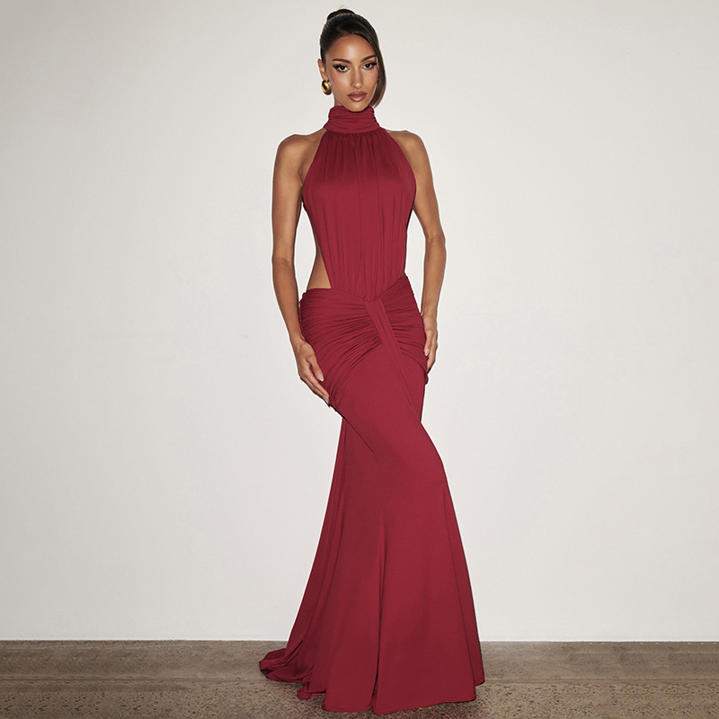 High-Neck Sleeveless Backless Pleated Dress for Summer Outings