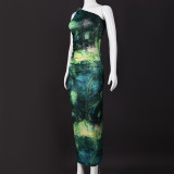 Women Summer Elegant Slash Shoulder Printed Dress