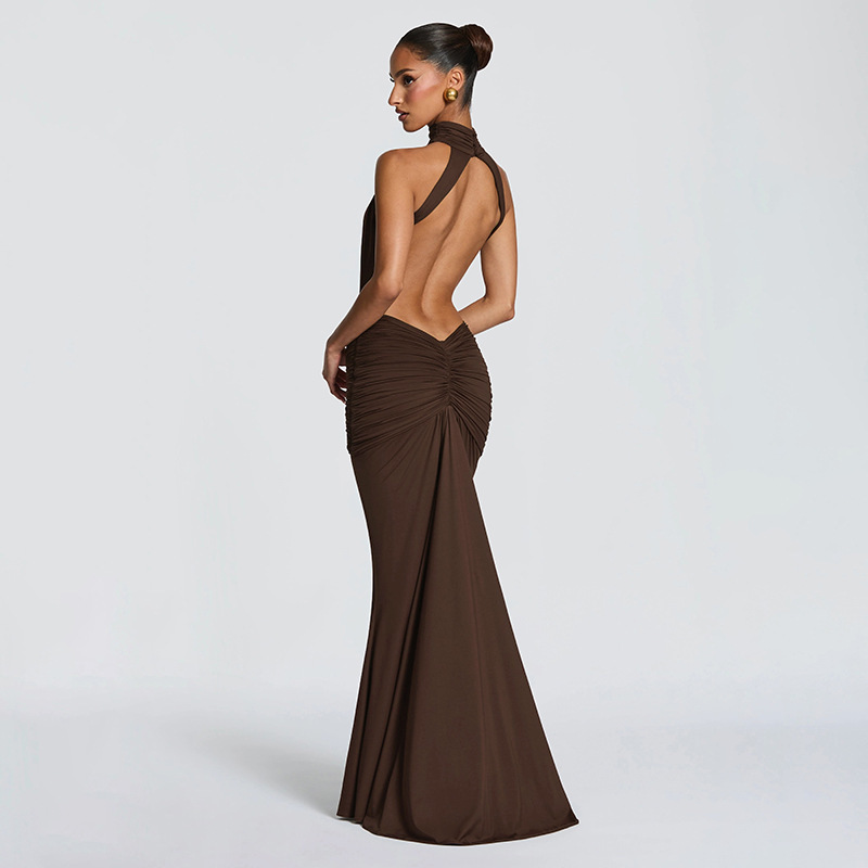 High-Neck Sleeveless Backless Pleated Dress for Summer Outings