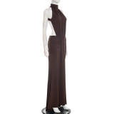 Women Summer High-Neck Sleeveless Backless Pleated Casual Sexy Dress