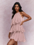 Women Summer Halter Neck Sleeveless Tulle Ruffle Elegant Dress