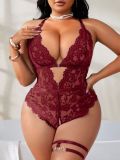 Plus Size Women Mesh Lace Sheer Bodysuit with Leg Ring Lingerie Set