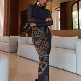 Women Sexy Leopard Print High Waist Bodycon Long Dress