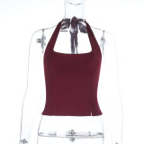 Spring Women Sexy Slim Waist Side Slit Halter Neck Camisole Top