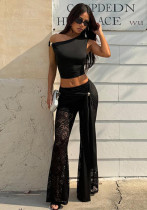 Women Sexy Crop Slash Shoulder Lace Ribbon Street Style Pants Set Women Sexy Crop Slash Shoulder Lace Ribbon Street Style Pants Set