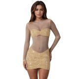Women Sexy See Through Mesh Beaded Mini Dress