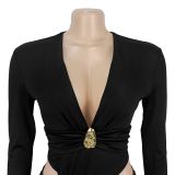 Women Sexy V Neck Solid Color Long Sleeve Bodycon Dress