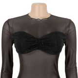 Women Sexy See Through Mesh Beaded Mini Dress