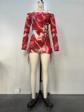 Spring Summer Women Printed Long Sleeve Slit Skirt Set