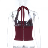 Spring Women Sexy Slim Waist Side Slit Halter Neck Camisole Top