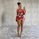 Spring Summer Women Printed Long Sleeve Slit Skirt Set