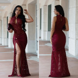 Women Sexy Lace Cut Out Slit Slim Fit Evening Dress