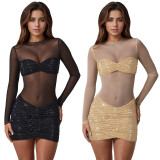 Women Sexy See Through Mesh Beaded Mini Dress