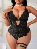 Plus Size Women Mesh Lace Sheer Bodysuit with Leg Ring Lingerie Set