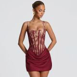 Spring Summer Women Square Neck Lace Print Patchwork Ruched Dress