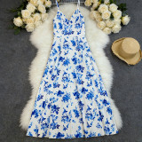 Spring Women Printed Slim Waist Formal Strap Dress