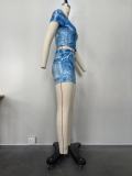 Spring Summer Women Printed Casual Outfit Slim Tight Two Piece Shorts Set