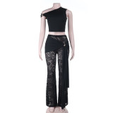 Women Sexy Crop Slash Shoulder Lace Ribbon Street Style Pants Set