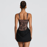 Spring Summer Women Square Neck Lace Print Patchwork Ruched Dress