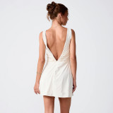 Spring Summer Women Chic Low Back Ruched Sleeveless Mini Dress