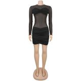 Women Sexy See Through Mesh Beaded Mini Dress
