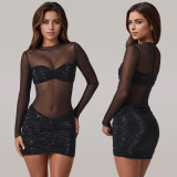 Women Sexy See Through Mesh Beaded Mini Dress