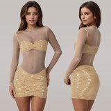 Women Sexy See Through Mesh Beaded Mini Dress