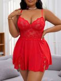 Plus Size Women Lace Trim Sheer Mesh Sexy Nightclub Strap Lingerie Set