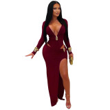 Women Sexy V Neck Solid Color Long Sleeve Bodycon Dress
