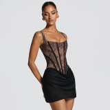 Spring Summer Women Square Neck Lace Print Patchwork Ruched Dress