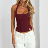 Spring Women Sexy Slim Waist Side Slit Halter Neck Camisole Top