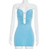 Spring Summer Women Sexy Strapless Tight Fit Low Back Bodycon Mini Dress